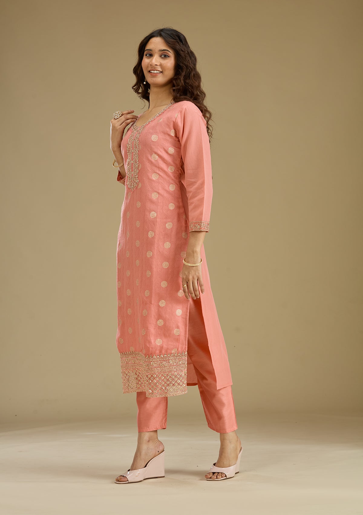 Peach Zariwork Semi Crepe Readymade Salwar Suit-Koskii