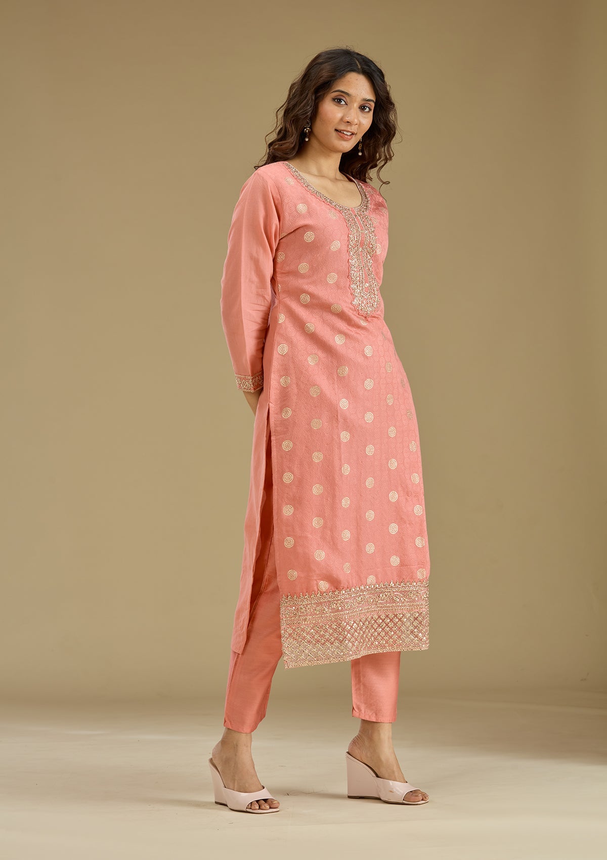 Peach Zariwork Semi Crepe Readymade Salwar Suit-Koskii