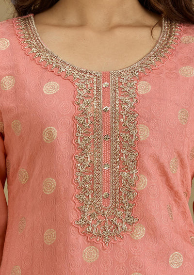 Peach Zariwork Semi Crepe Readymade Salwar Suit-Koskii