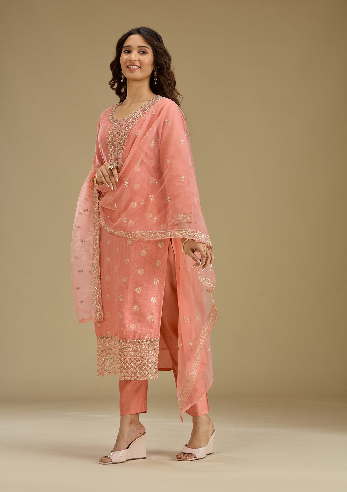 Peach Zariwork Semi Crepe Readymade Salwar Suit-Koskii