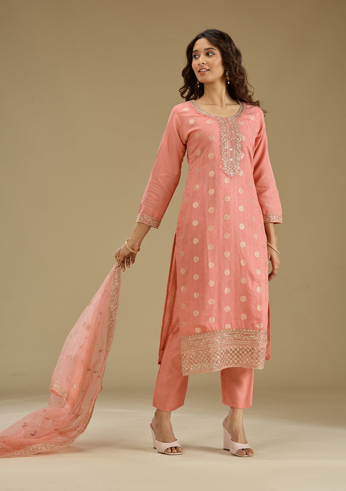 Peach Zariwork Semi Crepe Readymade Salwar Suit-Koskii