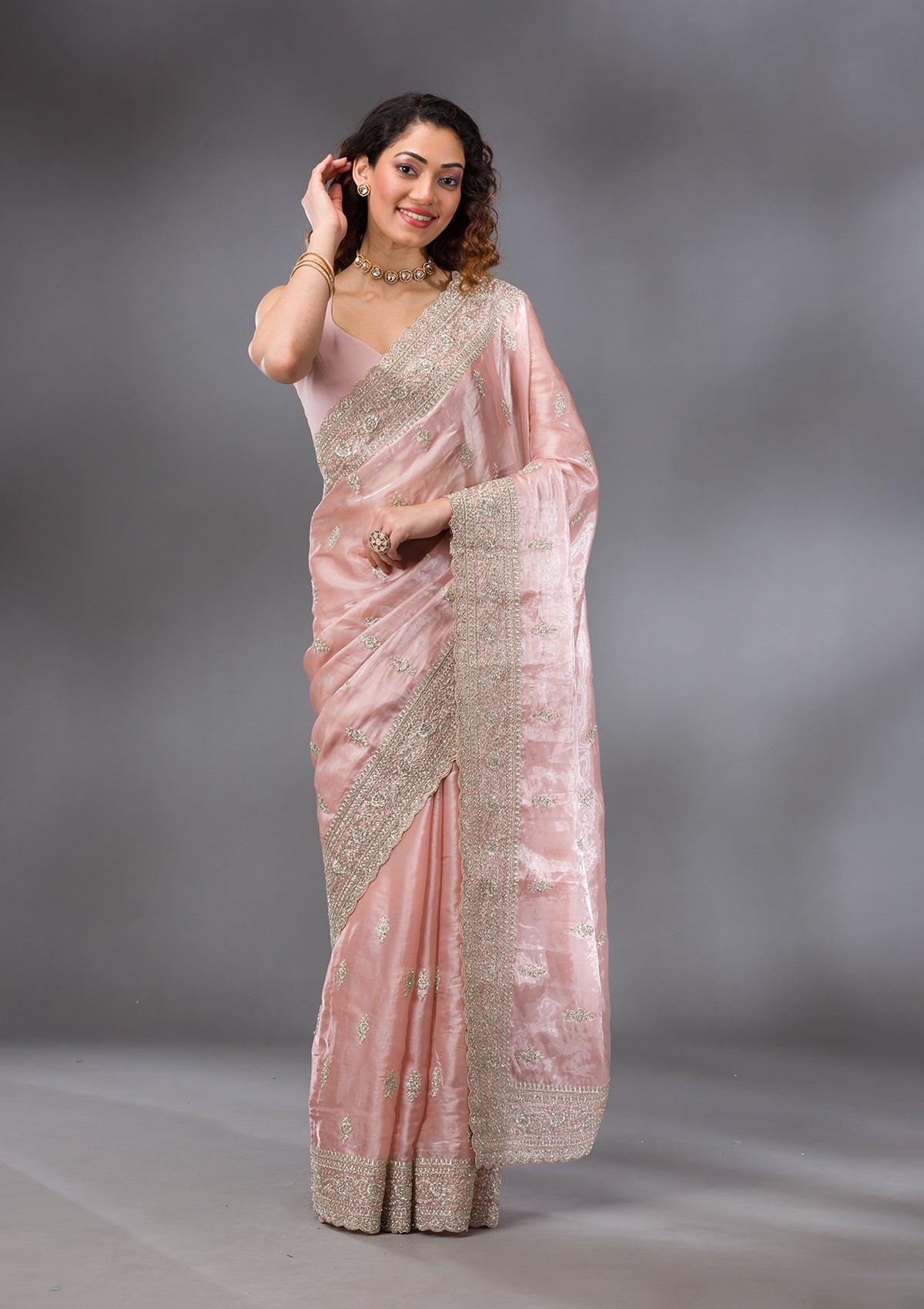 Peach Zariwork Semi Crepe Saree-Koskii