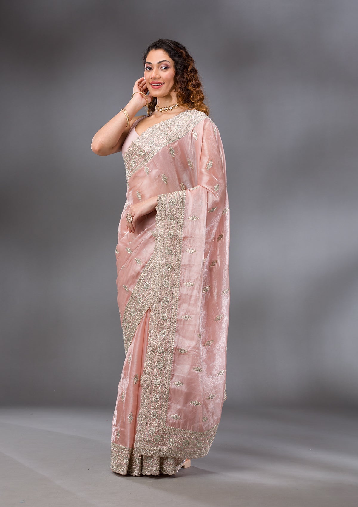 Peach Zariwork Semi Crepe Saree-Koskii