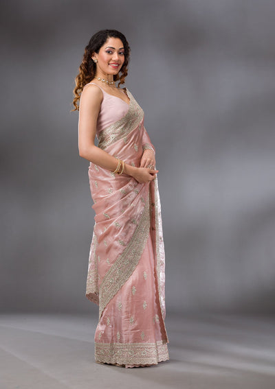 Peach Zariwork Semi Crepe Saree-Koskii