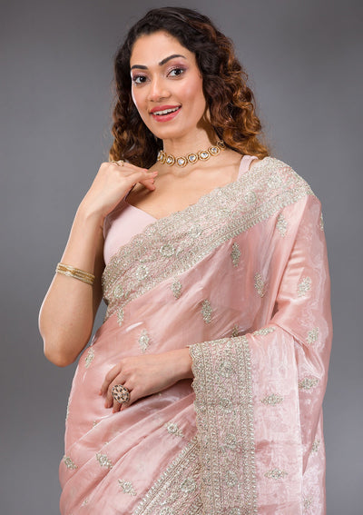 Peach Zariwork Semi Crepe Saree-Koskii