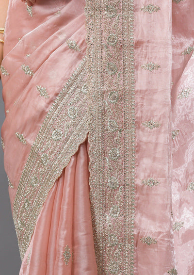 Peach Zariwork Semi Crepe Saree-Koskii