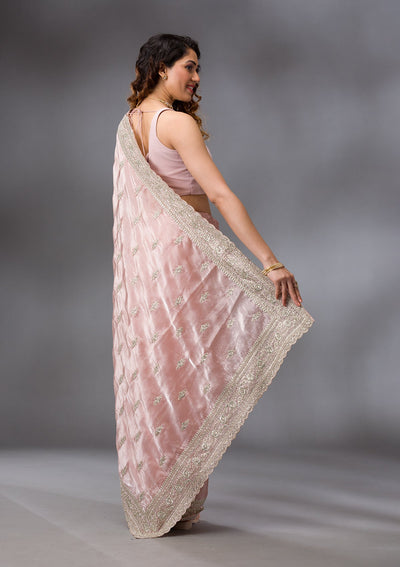 Peach Zariwork Semi Crepe Saree-Koskii