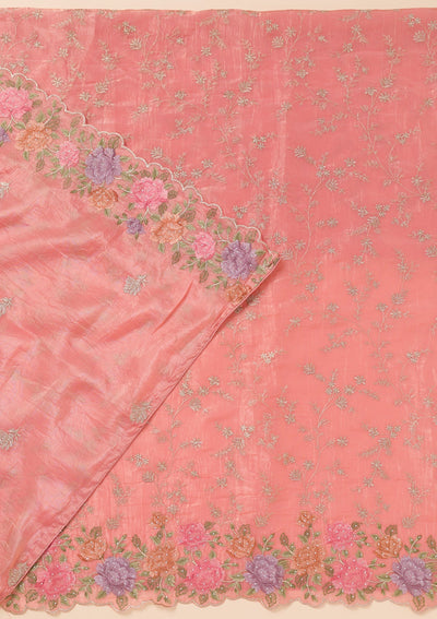 Peach Zariwork Semi Crepe Unstitched Salwar Suit-Koskii