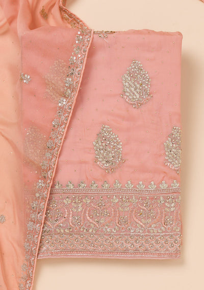 Peach Zariwork Semi Crepe Unstitched Salwar Suit-Koskii