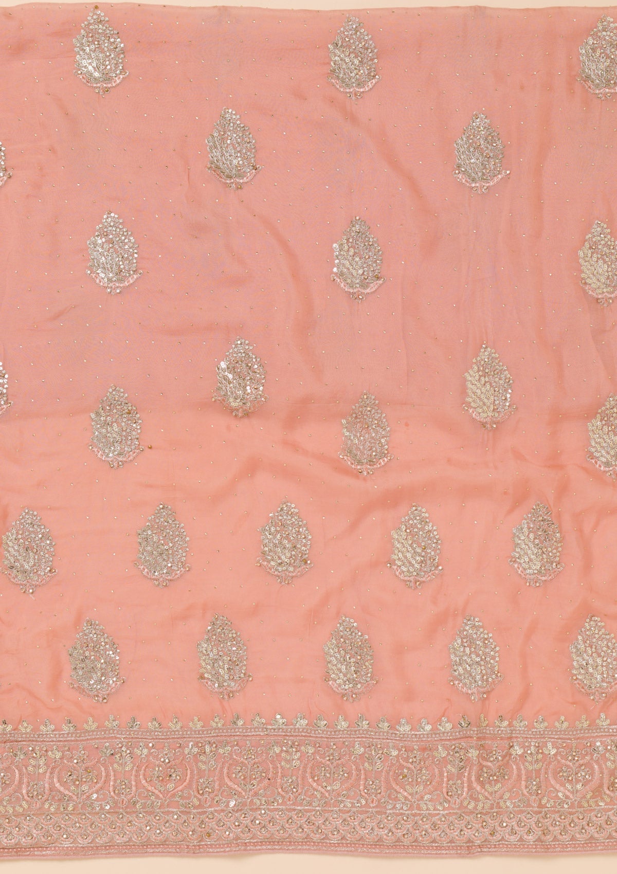 Peach Zariwork Semi Crepe Unstitched Salwar Suit-Koskii