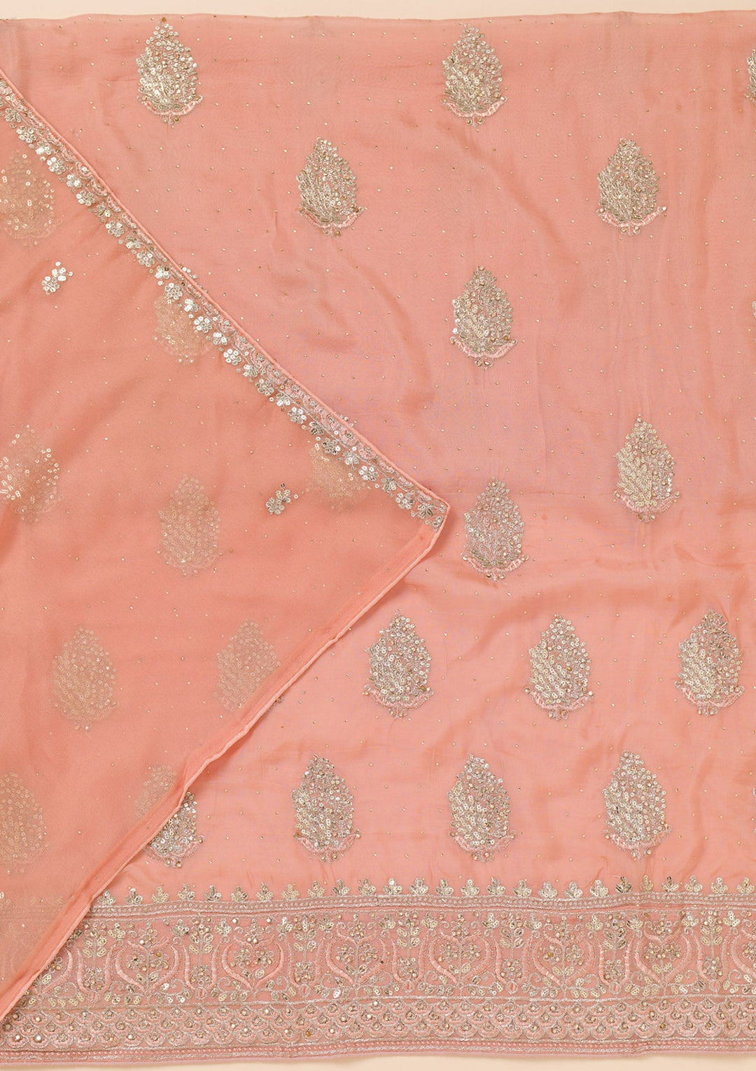 Peach Zariwork Semi Crepe Unstitched Salwar Suit-Koskii
