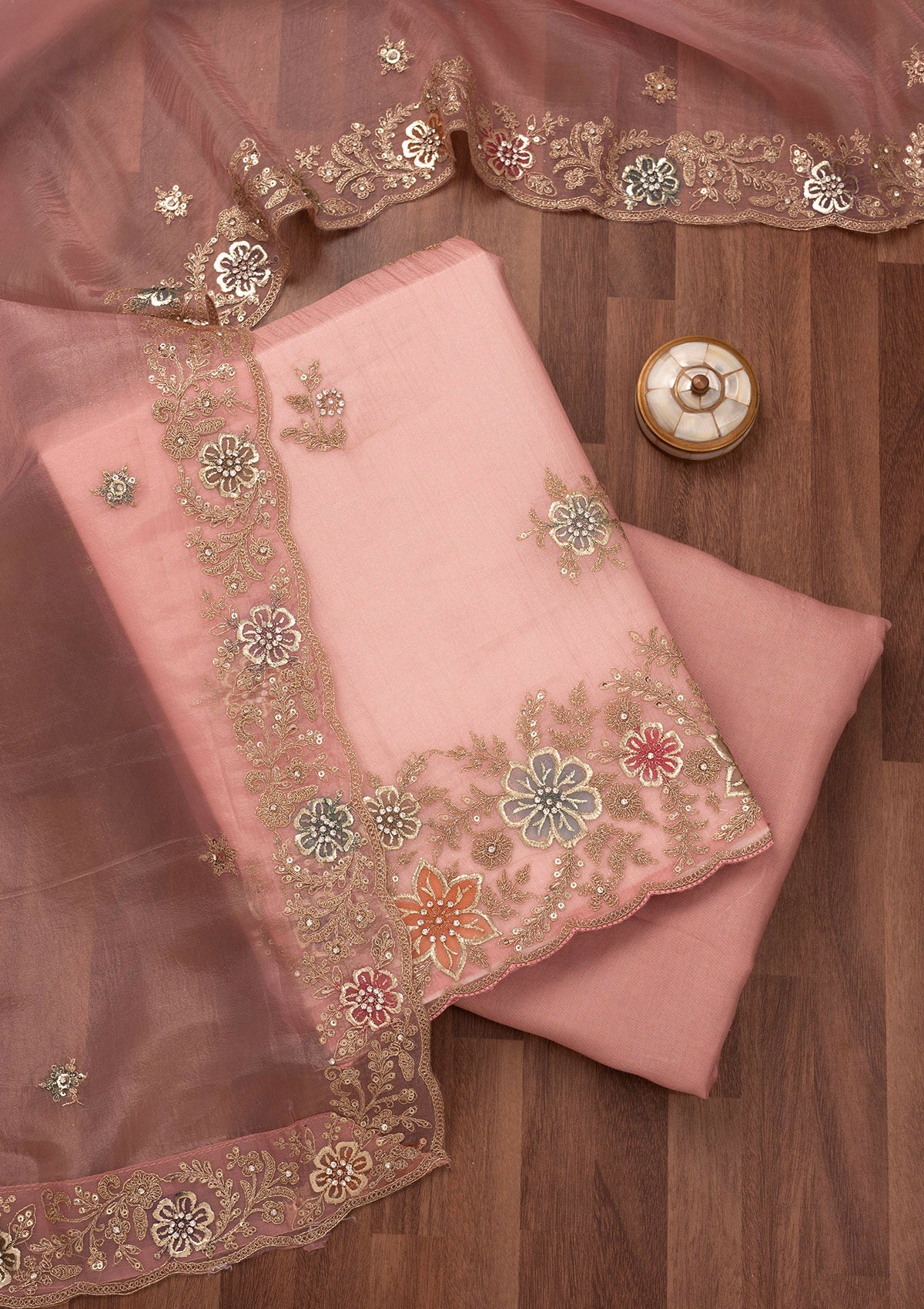 Peach Zariwork Semi Crepe Unstitched Salwar Suit-Koskii