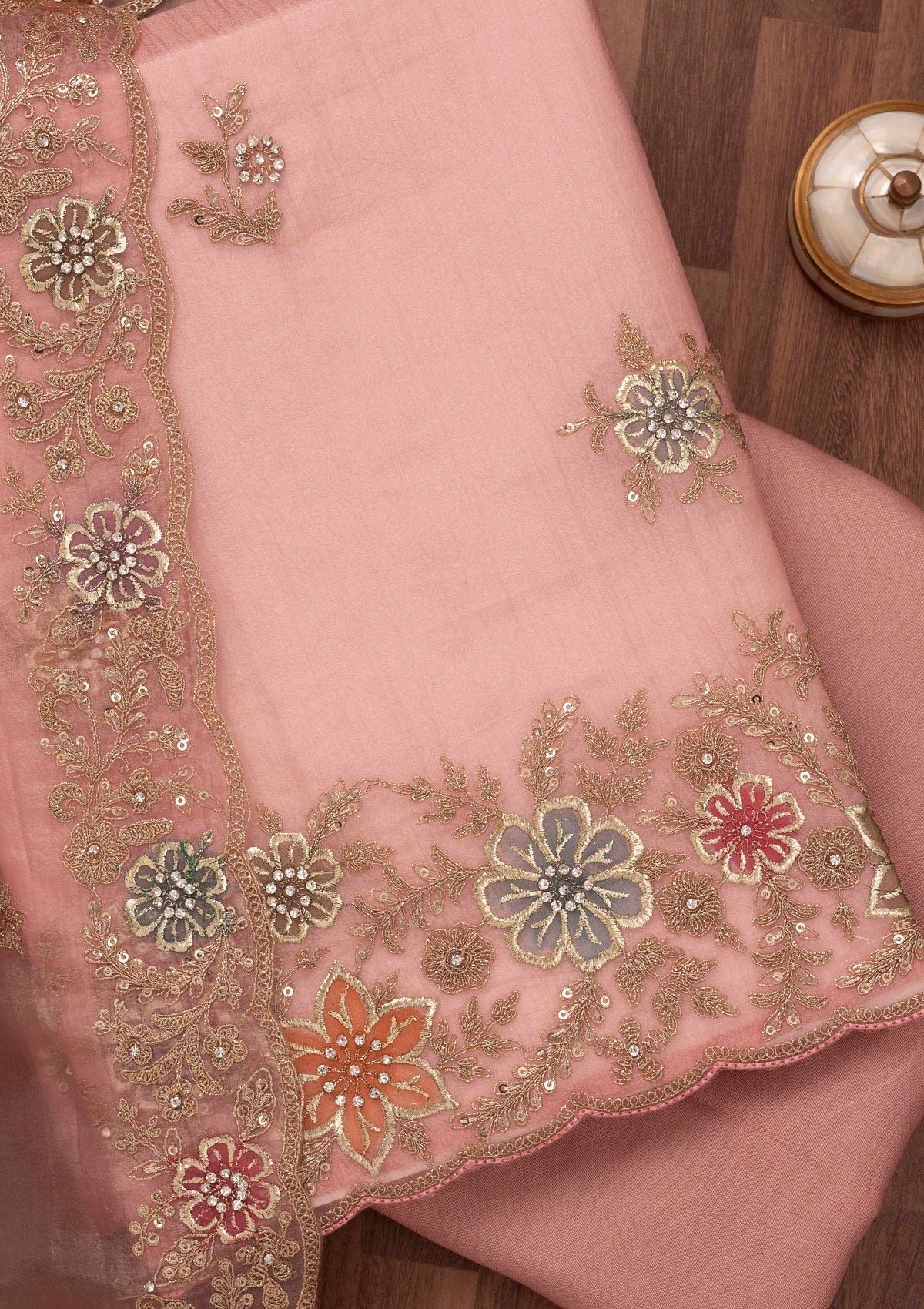 Peach Zariwork Semi Crepe Unstitched Salwar Suit-Koskii