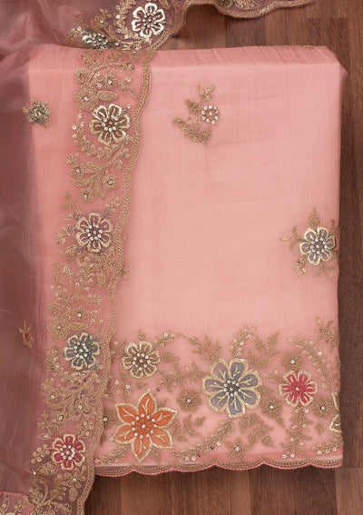 Peach Zariwork Semi Crepe Unstitched Salwar Suit-Koskii