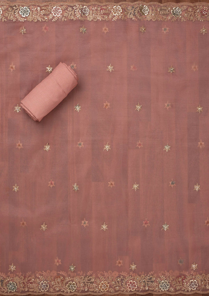 Peach Zariwork Semi Crepe Unstitched Salwar Suit-Koskii