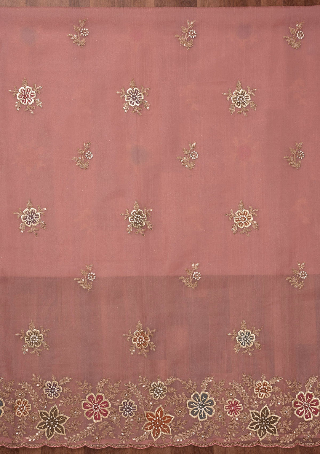 Peach Zariwork Semi Crepe Unstitched Salwar Suit-Koskii