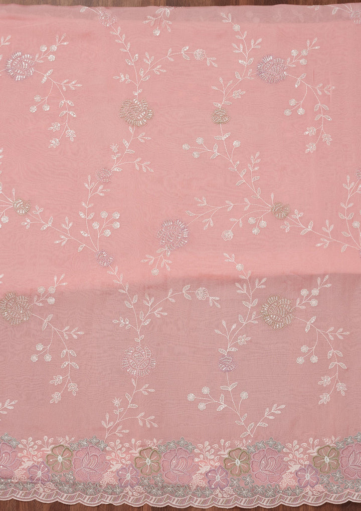 Peach Zariwork Semi Crepe Unstitched Salwar Suit-Koskii