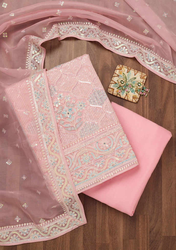 Peach Zariwork Semi Crepe Unstitched Salwar Suit-Koskii