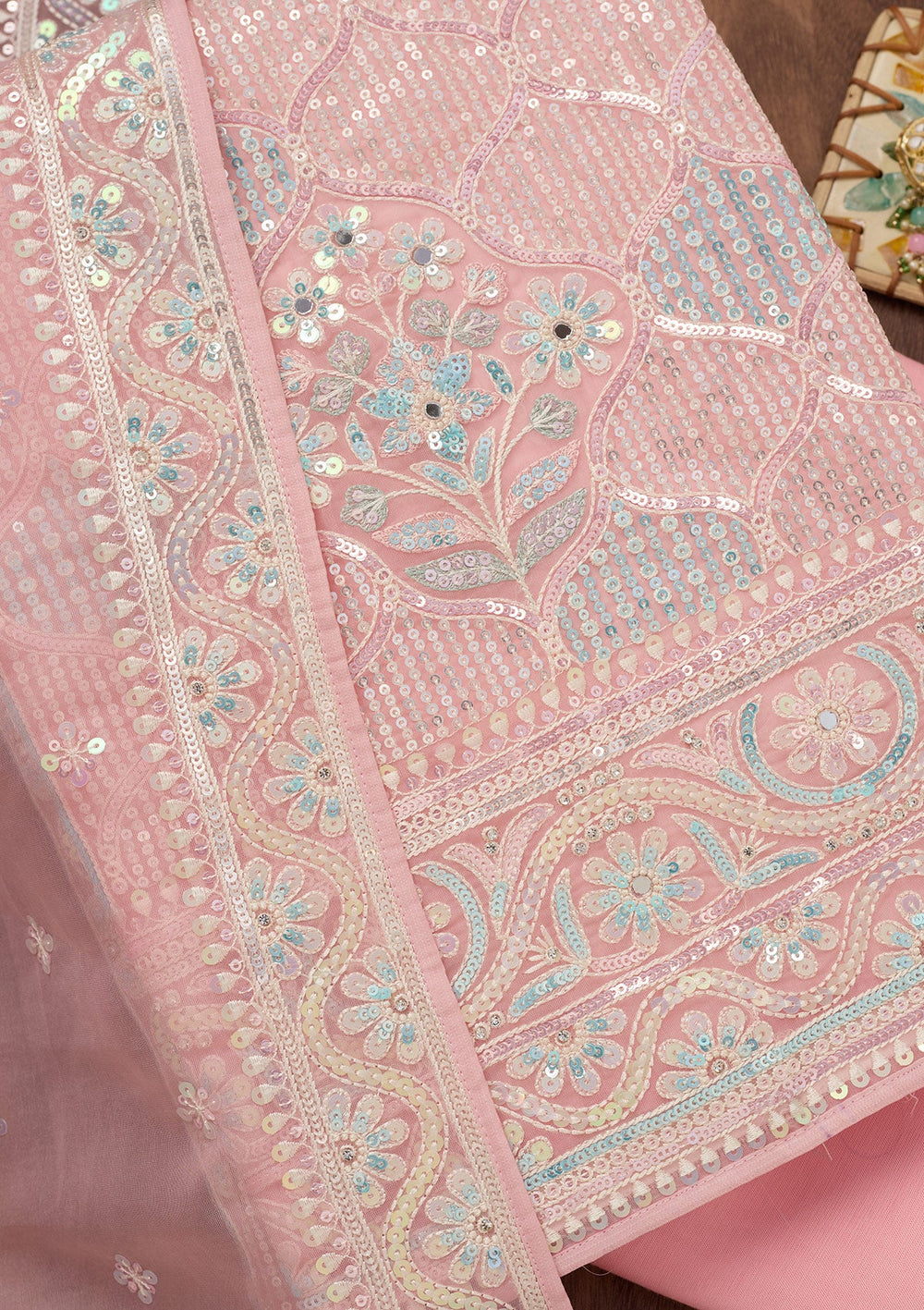 Peach Zariwork Semi Crepe Unstitched Salwar Suit-Koskii