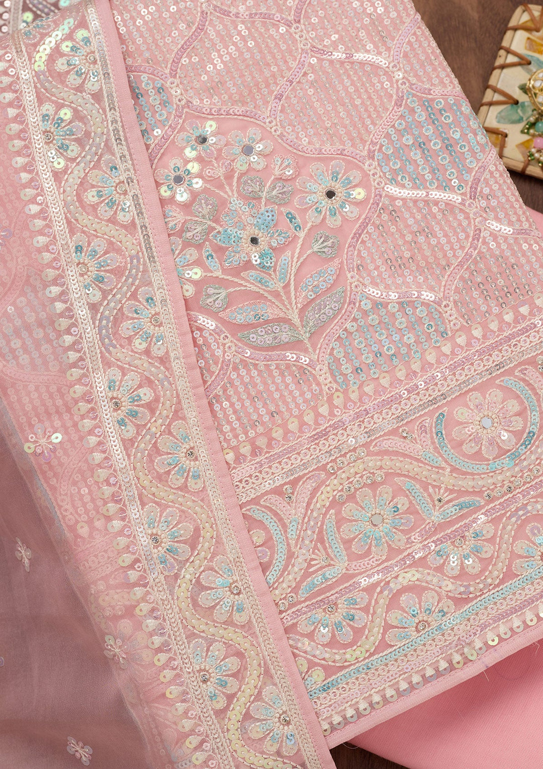 Peach Zariwork Semi Crepe Unstitched Salwar Suit-Koskii