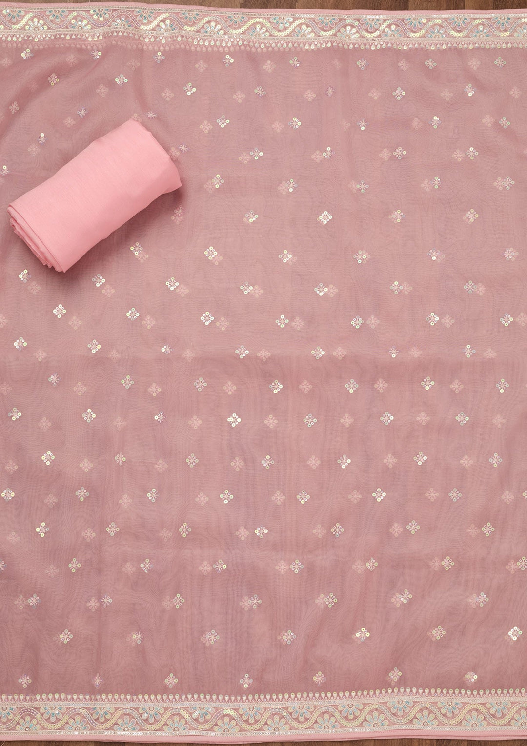 Peach Zariwork Semi Crepe Unstitched Salwar Suit-Koskii