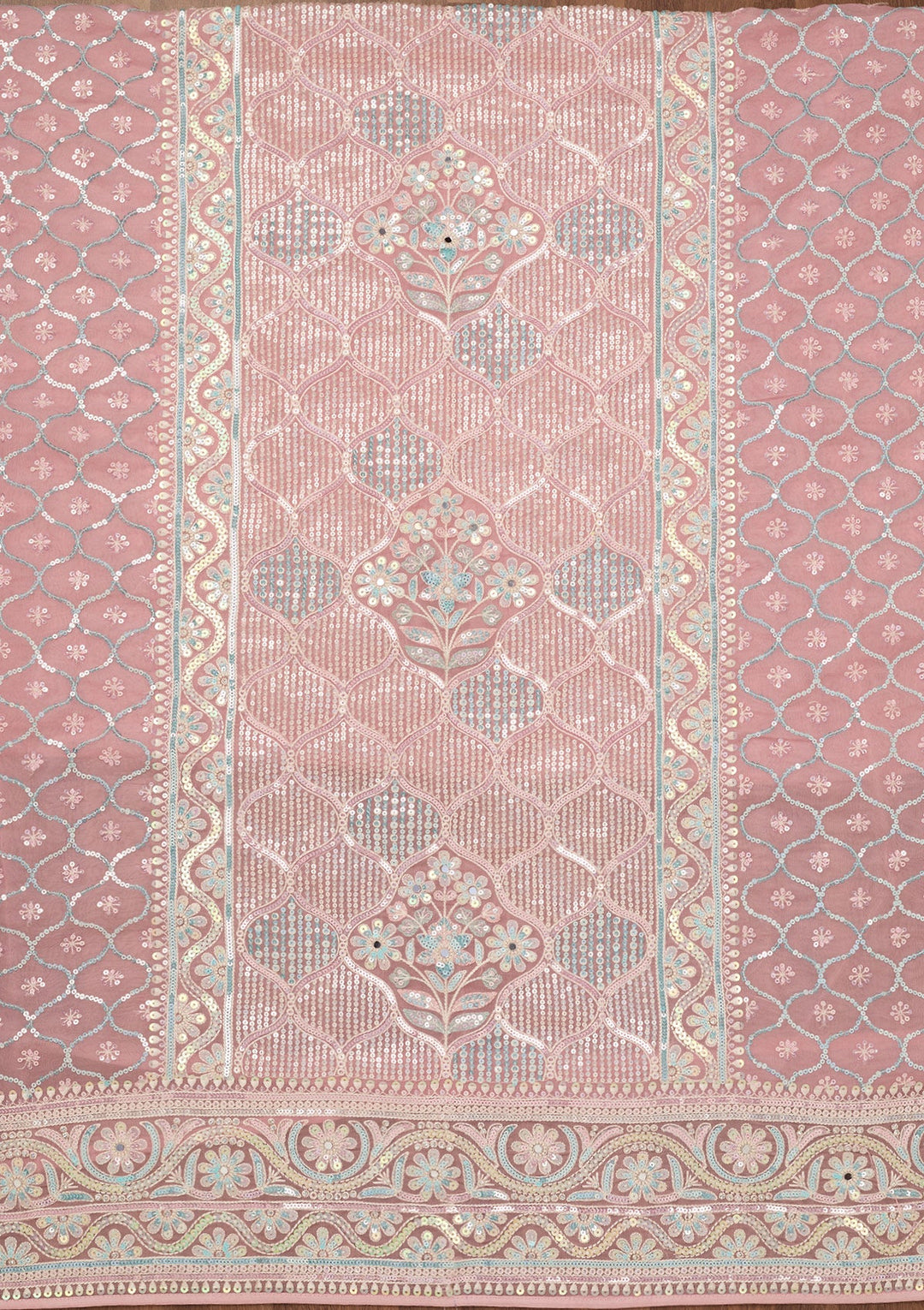 Peach Zariwork Semi Crepe Unstitched Salwar Suit-Koskii