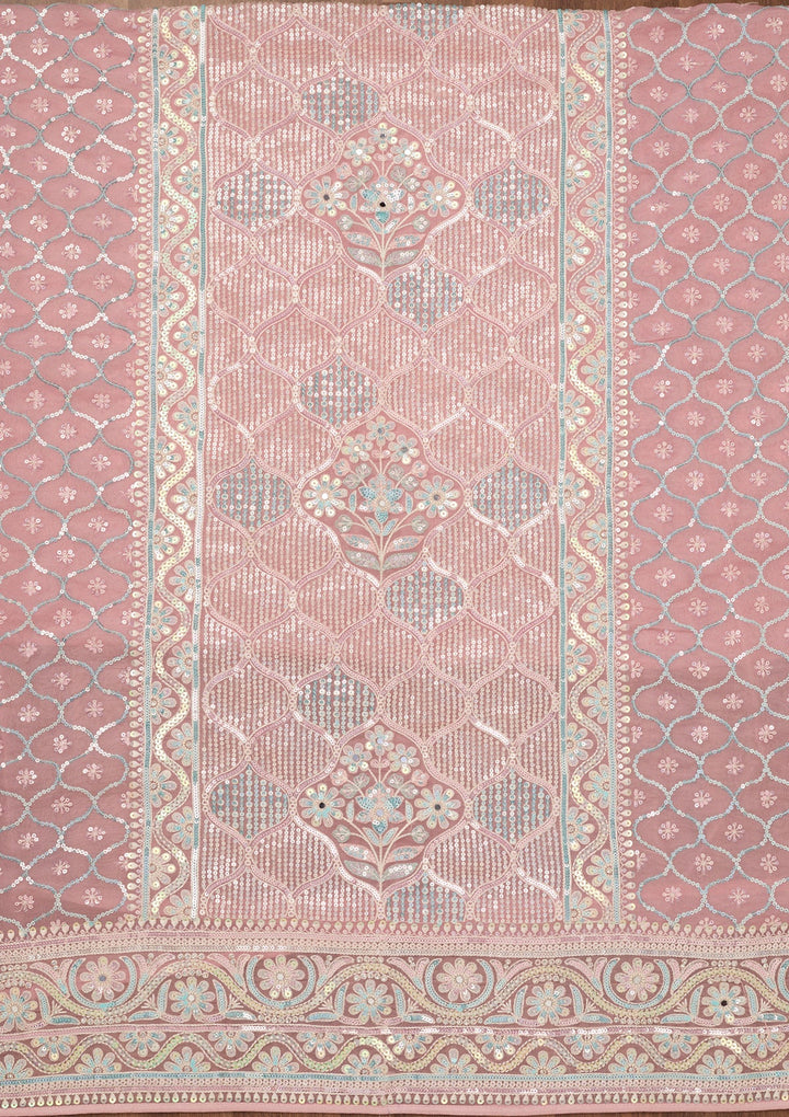 Peach Zariwork Semi Crepe Unstitched Salwar Suit-Koskii