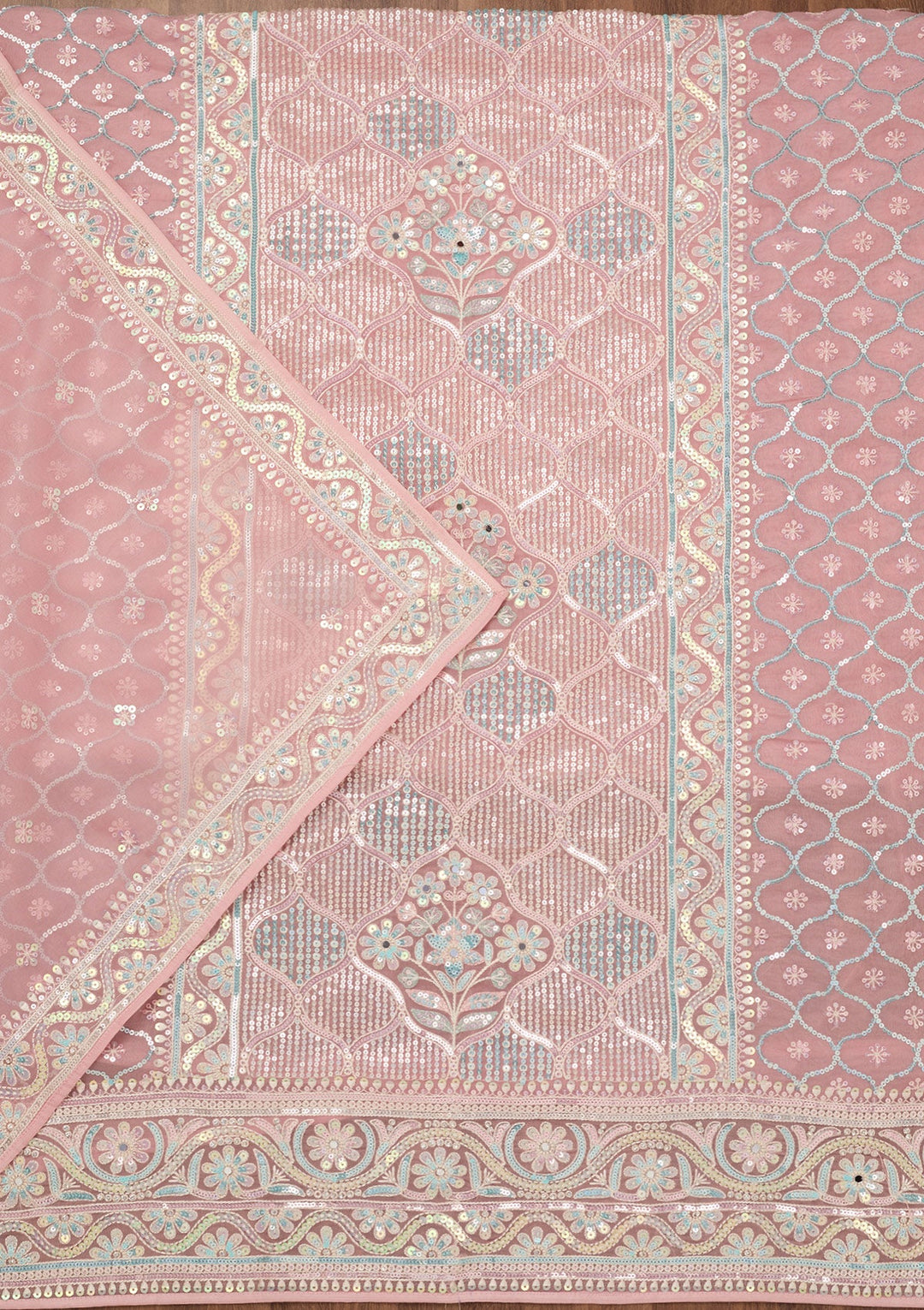 Peach Zariwork Semi Crepe Unstitched Salwar Suit-Koskii