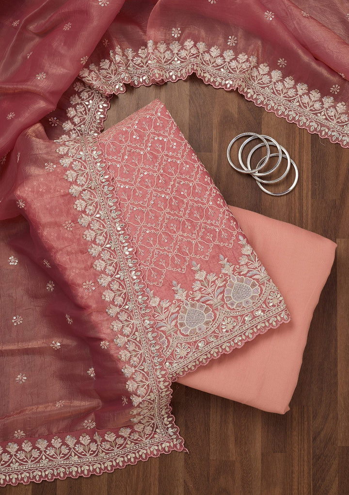 Peach Zariwork Semi Crepe Unstitched Salwar Suit-Koskii