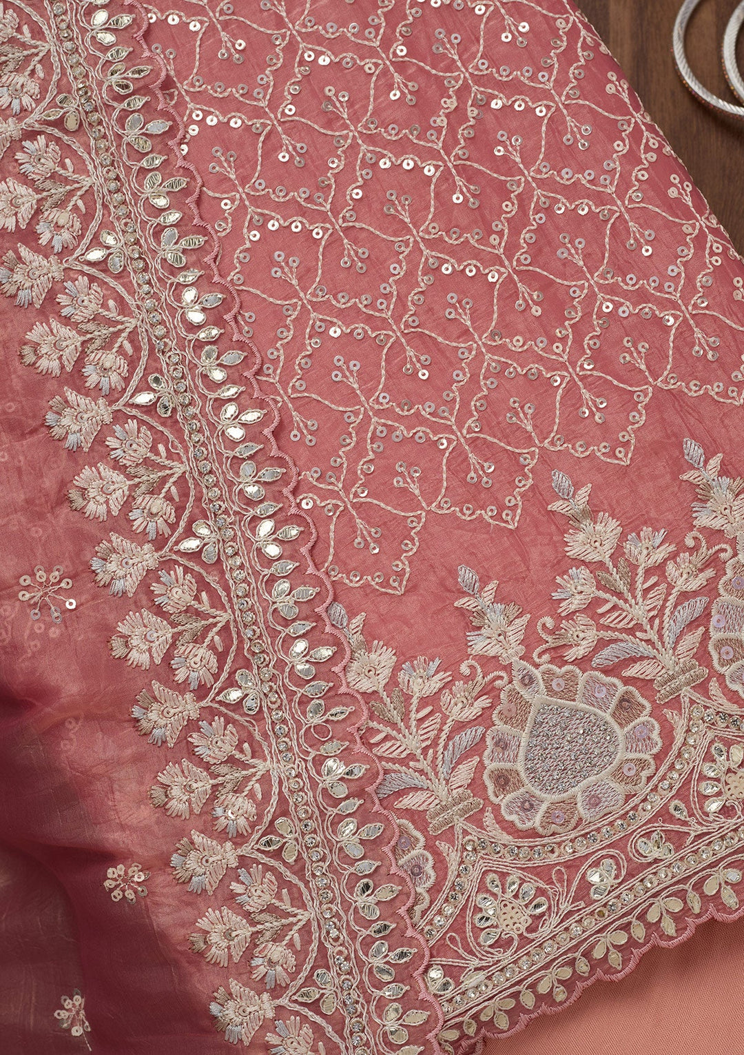 Peach Zariwork Semi Crepe Unstitched Salwar Suit-Koskii