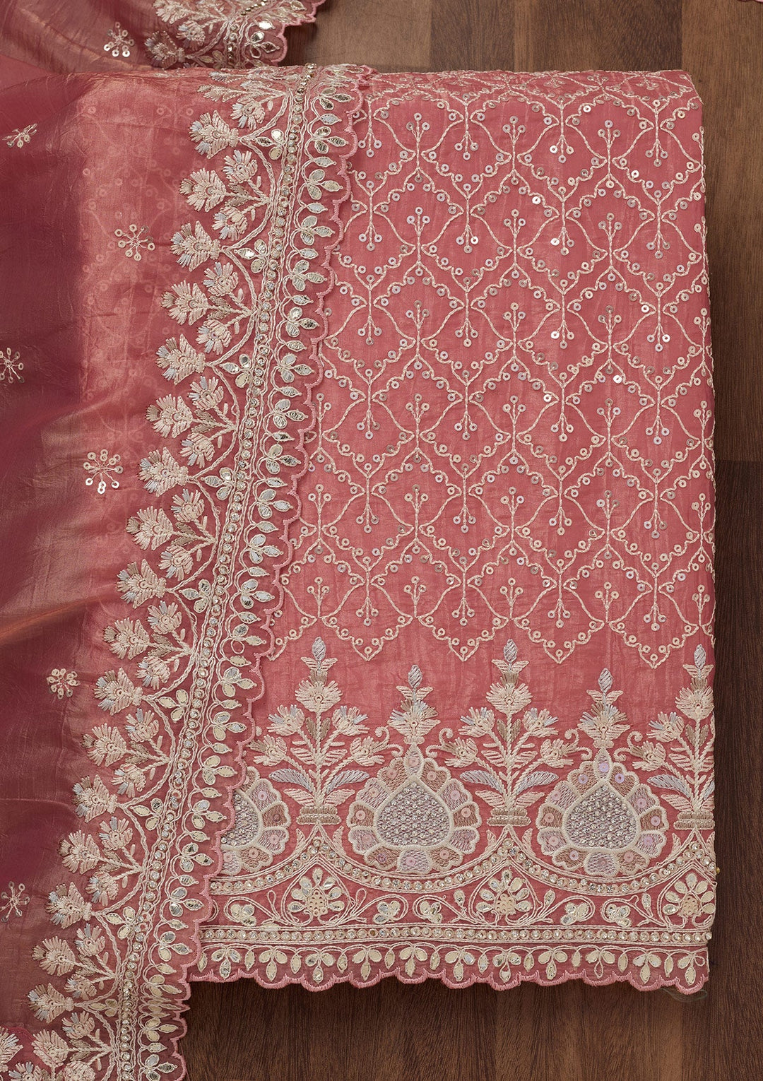 Peach Zariwork Semi Crepe Unstitched Salwar Suit-Koskii