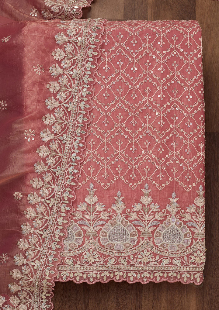 Peach Zariwork Semi Crepe Unstitched Salwar Suit-Koskii