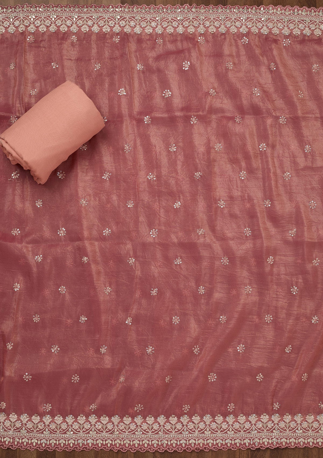 Peach Zariwork Semi Crepe Unstitched Salwar Suit-Koskii