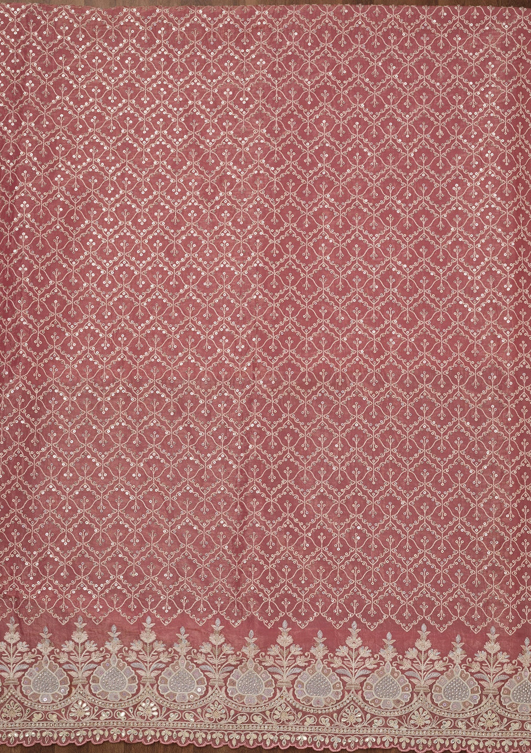 Peach Zariwork Semi Crepe Unstitched Salwar Suit-Koskii