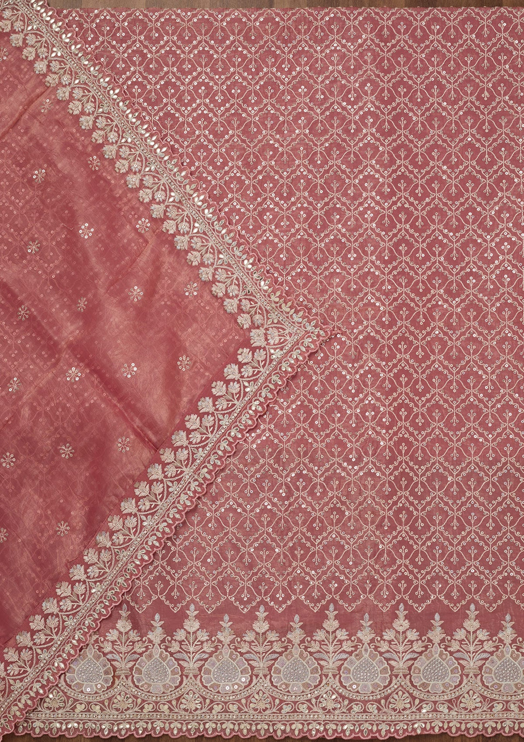 Peach Zariwork Semi Crepe Unstitched Salwar Suit-Koskii