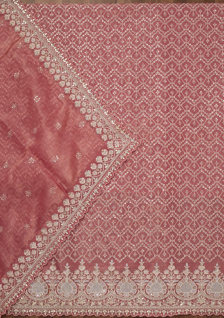 Peach Zariwork Semi Crepe Unstitched Salwar Suit-Koskii