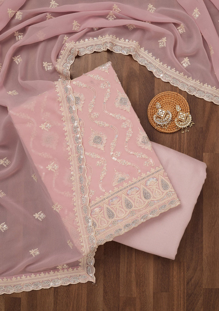 Peach Zariwork Semi Crepe Unstitched Salwar Suit-Koskii