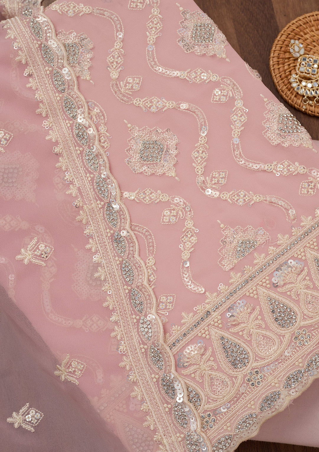Peach Zariwork Semi Crepe Unstitched Salwar Suit-Koskii