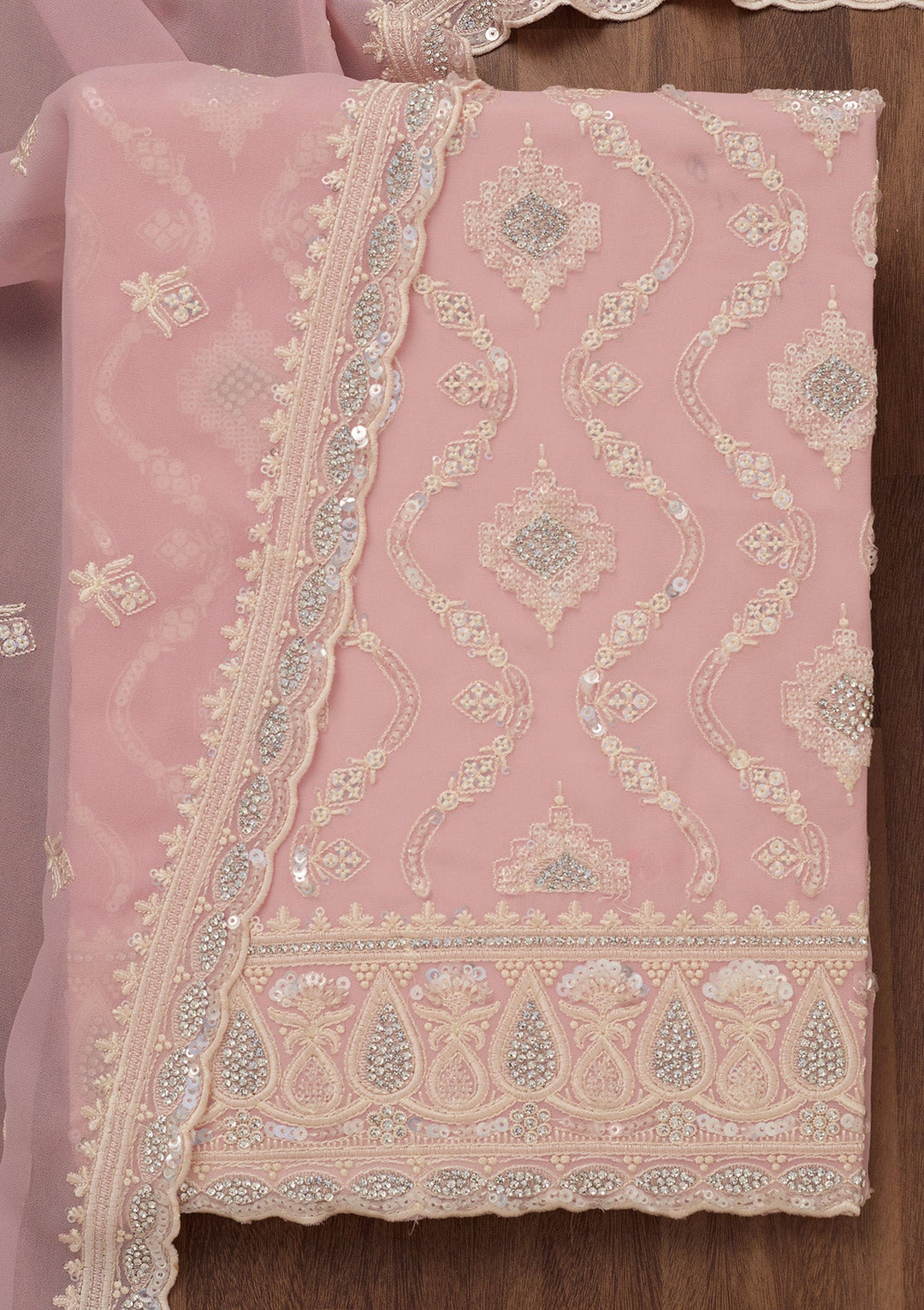 Peach Zariwork Semi Crepe Unstitched Salwar Suit-Koskii