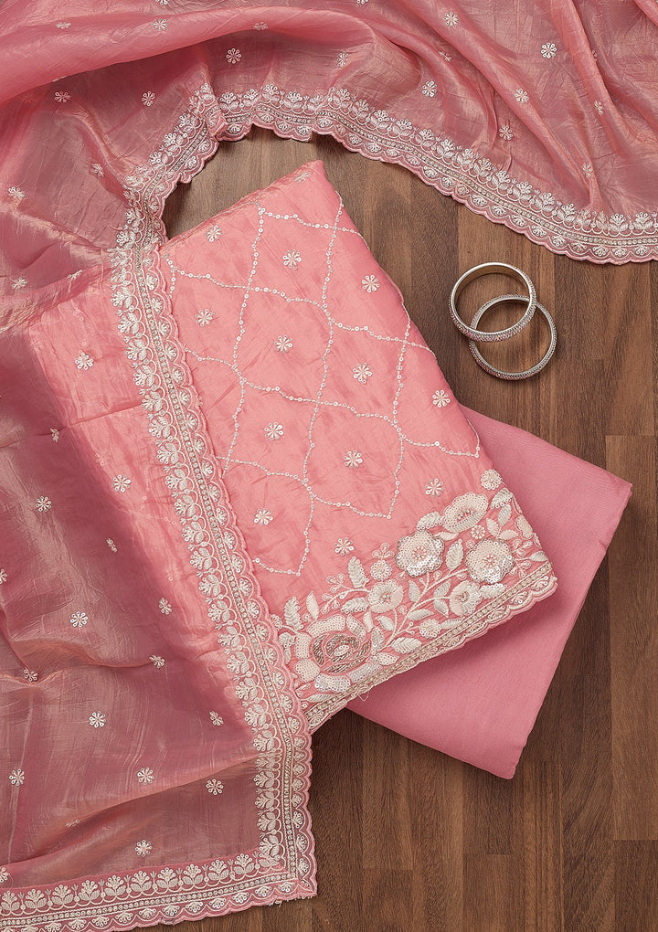 Peach Zariwork Semi Crepe Unstitched Salwar Suit-Koskii