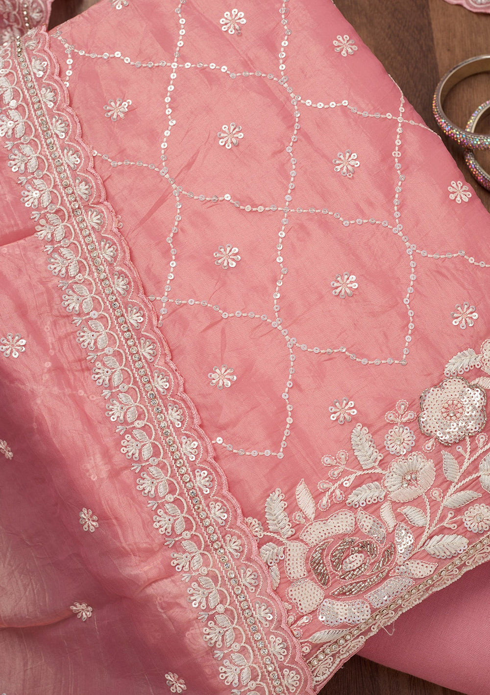 Peach Zariwork Semi Crepe Unstitched Salwar Suit-Koskii