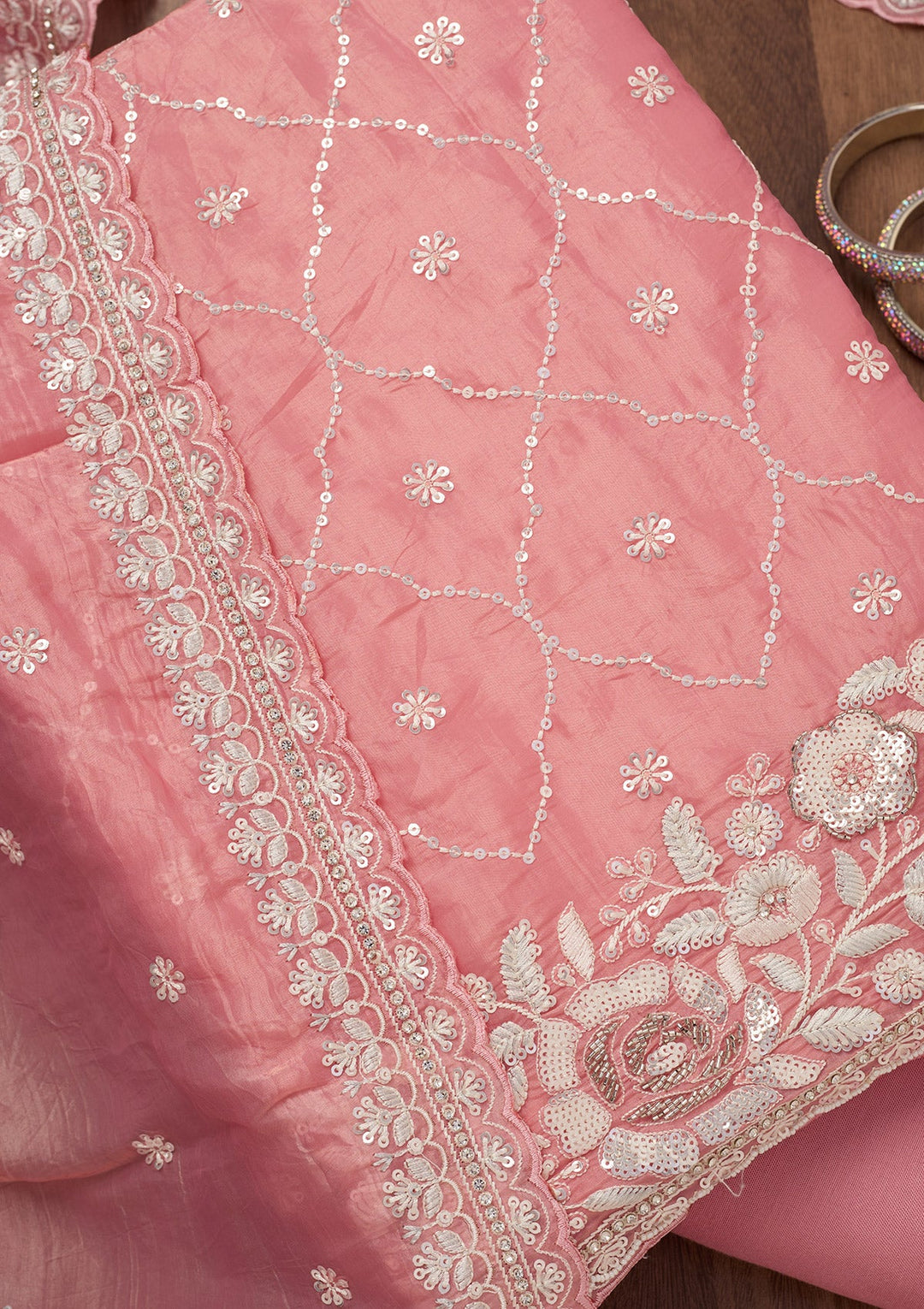 Peach Zariwork Semi Crepe Unstitched Salwar Suit-Koskii