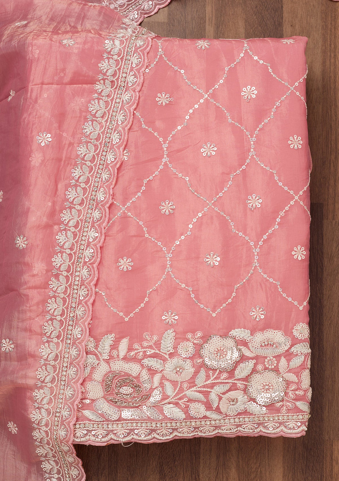 Peach Zariwork Semi Crepe Unstitched Salwar Suit-Koskii
