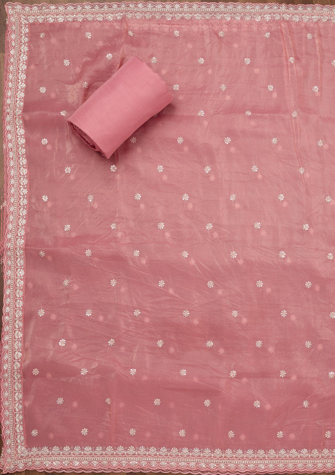 Peach Zariwork Semi Crepe Unstitched Salwar Suit-Koskii