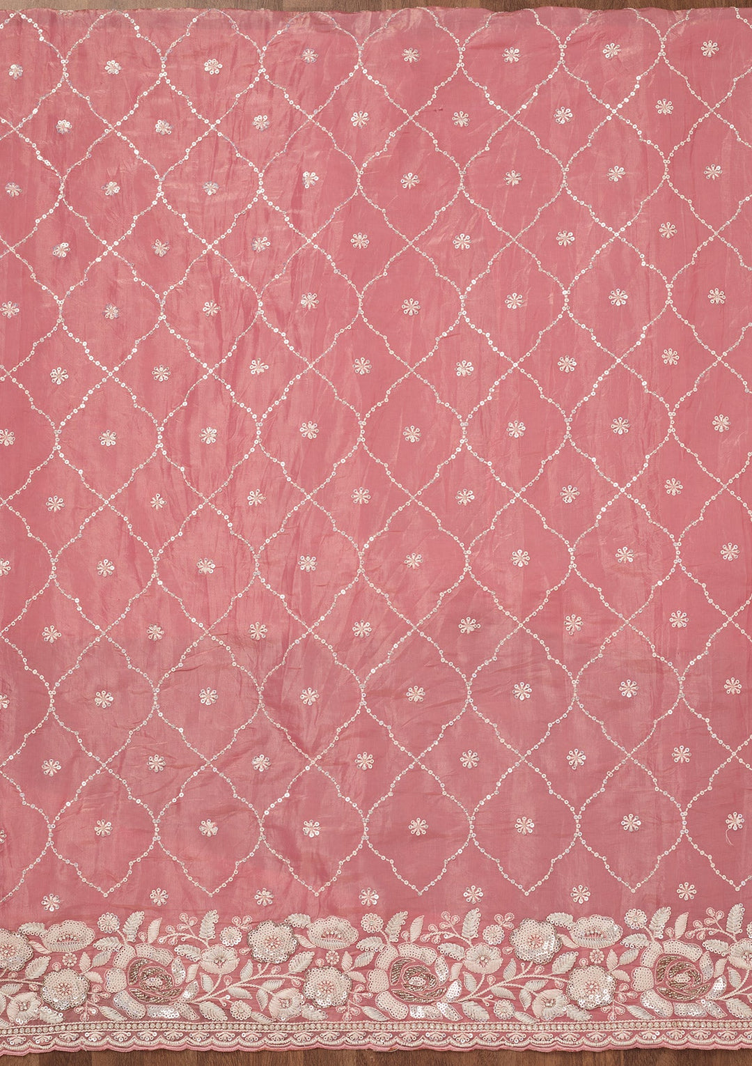 Peach Zariwork Semi Crepe Unstitched Salwar Suit-Koskii