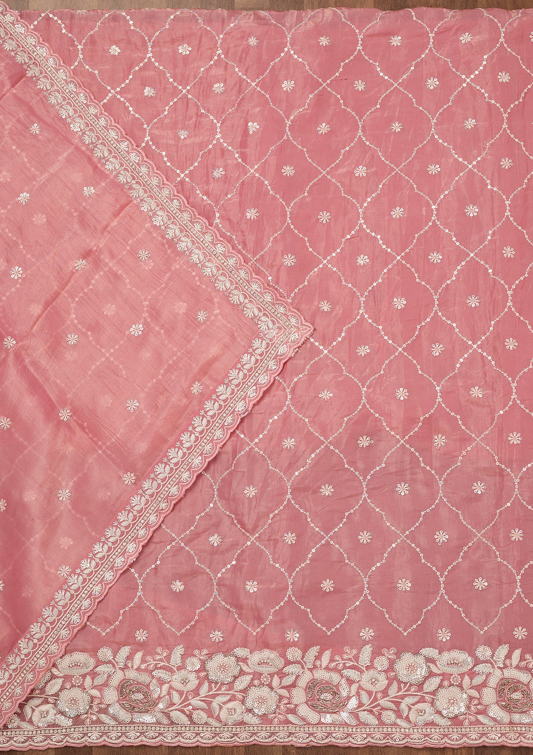 Peach Zariwork Semi Crepe Unstitched Salwar Suit-Koskii