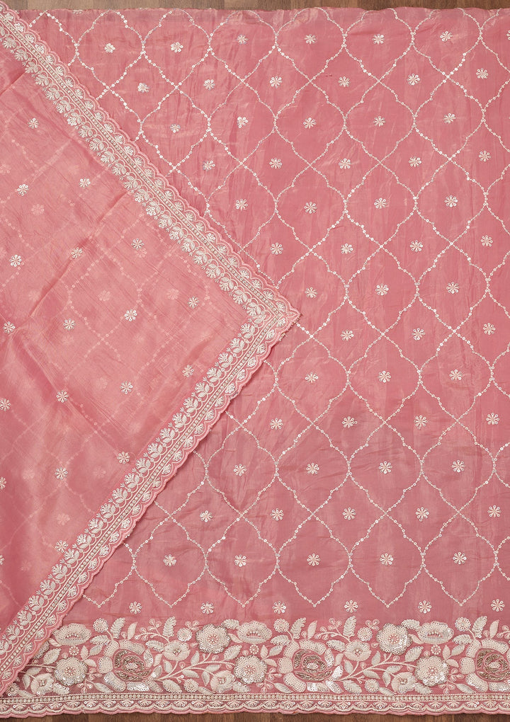 Peach Zariwork Semi Crepe Unstitched Salwar Suit-Koskii