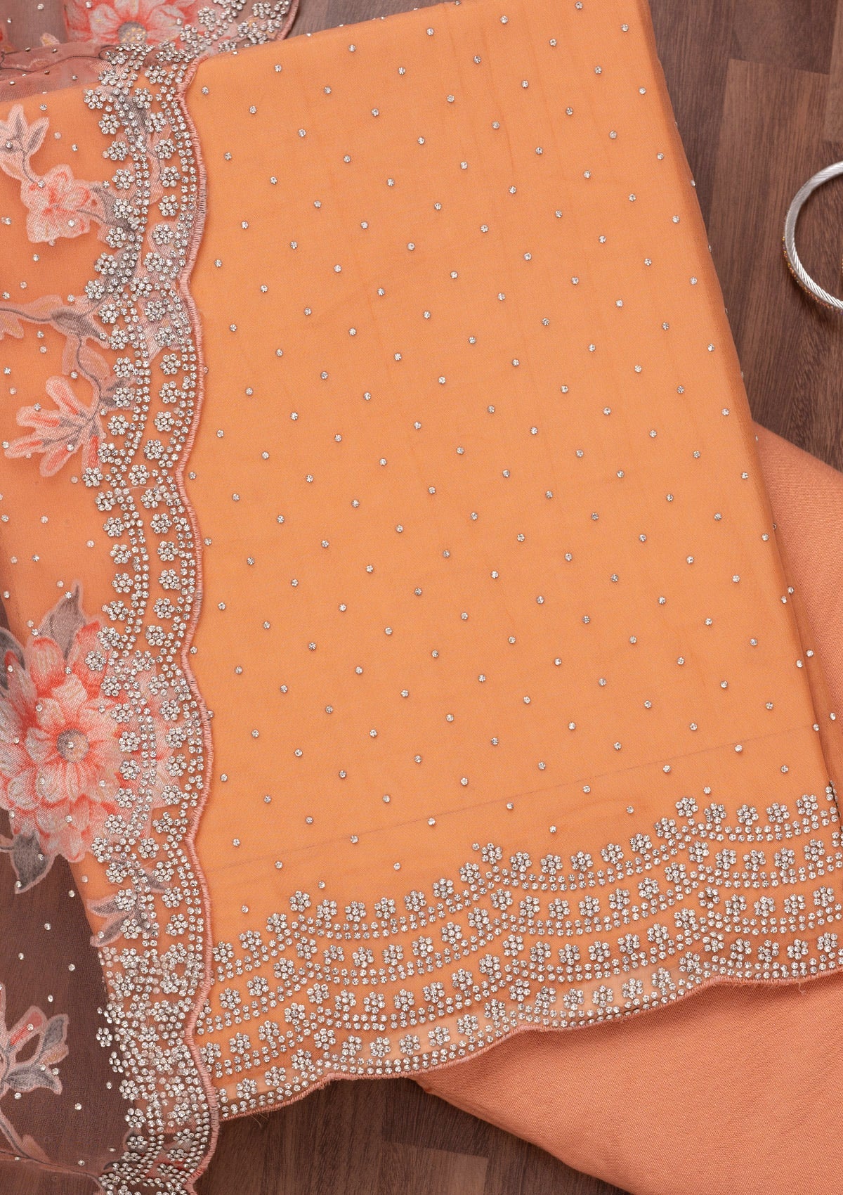 Peach Zariwork Semi Crepe Unstitched Salwar Suit-Koskii