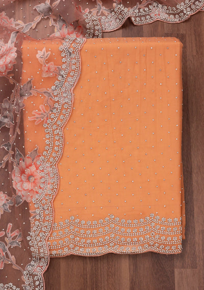 Peach Zariwork Semi Crepe Unstitched Salwar Suit-Koskii