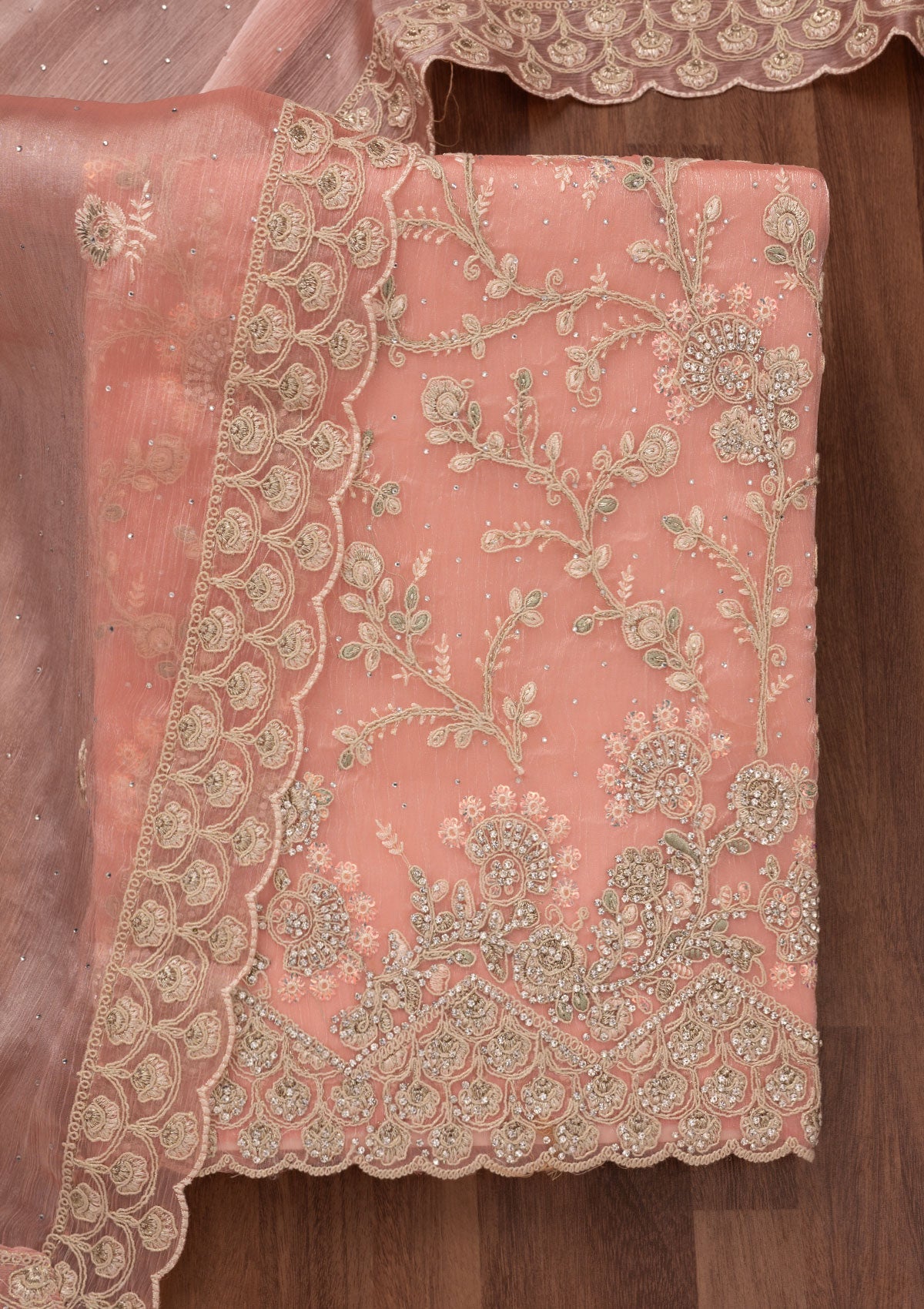 Peach Zariwork Semi Crepe Unstitched Salwar Suit-Koskii